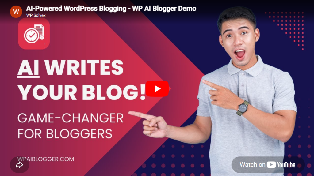 Home Hero AI Blogger plugin dashboard showing automated content campaign setup interface with a video play overlay