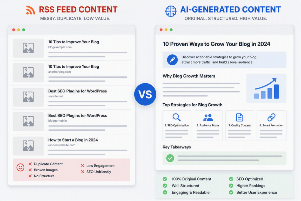 5 Best RSS Autoblog Alternatives for WordPress Infographic showing how AI content improves SEO through originality, search intent alignment, engagement, and authority compared to RSS autoblogging