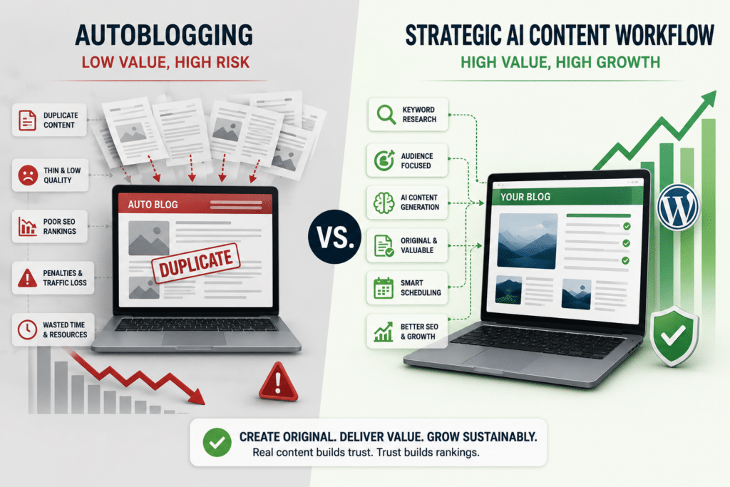 Autoblogging vs Strategic AI Content Workflow for SEO Illustration comparing low-quality autoblogging with a strategic AI content workflow that creates original, structured WordPress content for better SEO.