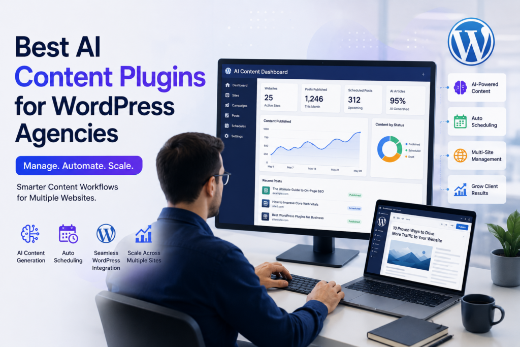 Best AI Content Plugins for WordPress Agencies WordPress agency managing multiple client websites using AI content automation software