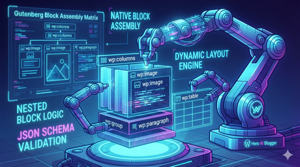 WPAutoblog vs Hero AI Blogger: 2026 Review A detailed technical illustration showing advanced robotic arms assembling a complex structure of nested Gutenberg blocks (Group, Columns, Image, Paragraph) with holographic overlays displaying JSON schema validation and the Hero AI Blogger logo