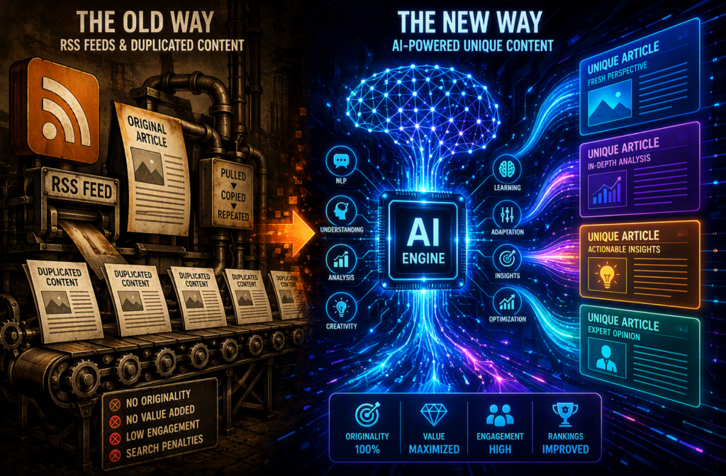 Comparison of RSS autoblogging and AI-generated content in WordPress showing duplicate content vs original AI articles and SEO improvements