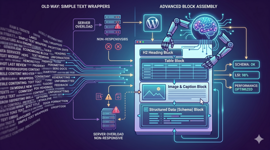 WP AI Evolution: How Developers Use AI in 2026 A technical flowchart graphic illustrating the automated assembly of Gutenberg blocks by an AI engine, including H2 headings, tables, schema markup, and content optimization, rather than a simple text dump.