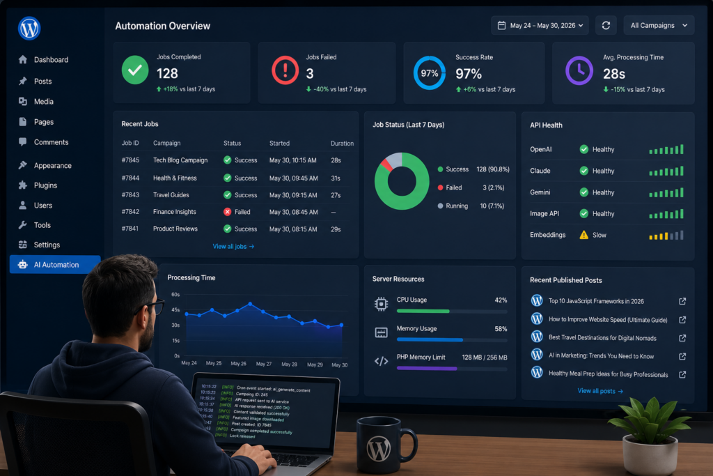 Prevent WordPress Cron Job Crashes During AI Tasks Developer monitoring AI-powered WordPress Cron jobs and background automation performance.