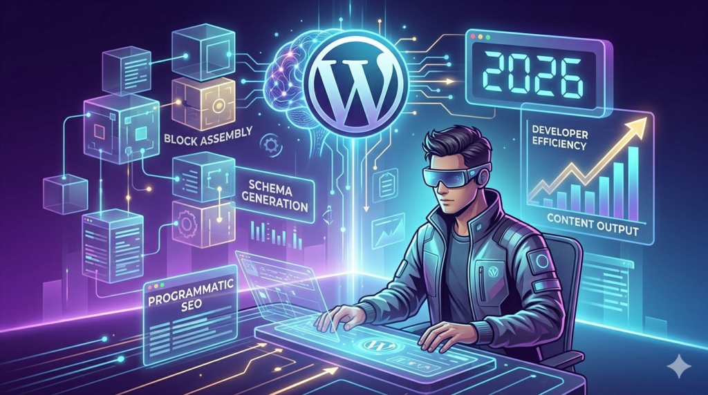 A high-tech digital illustration showing a WordPress developer in a 2026 studio environment, using augmented reality to manage automated AI content generation with glowing block structures and neural networks