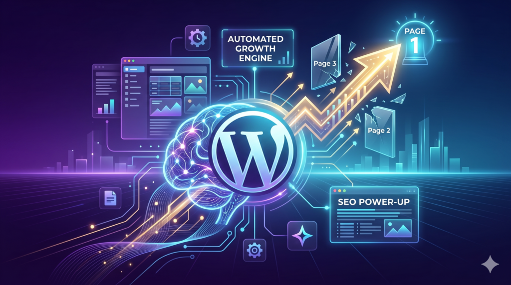 An abstract digital graphic representing a high-ranking WP auto blog setup with a WordPress logo infused with neural networks and an upward growth arrow pointing to page 1 rankings