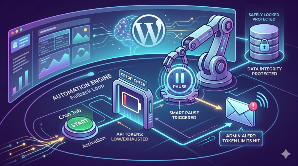 A technical flowchart graphic showing an automated blogging fallback loop checking API tokens, triggering a smart pause on low credits, and sending an admin email alert while protecting database data integrity