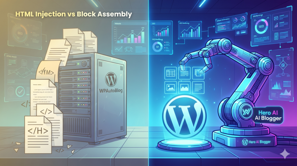 A cyberpunk-style illustration contrasting a server rack dumping messy HTML papers (WPAutoBlog) against an advanced robotic arm assembling glowing Gutenberg blocks (Hero AI Blogger) into a WordPress logo