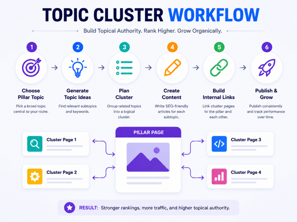 Scale WordPress SEO with AI Topic Clusters Simple workflow showing AI generating topic clusters for WordPress SEO content planning.