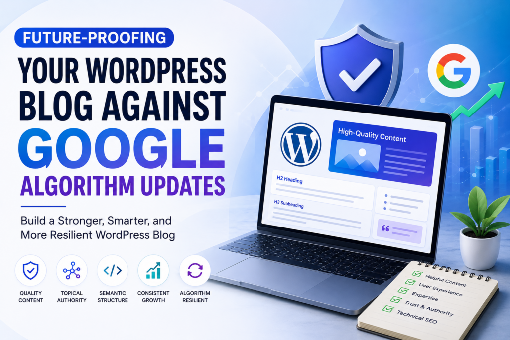 Future-Proof Your WordPress Blog for Google Updates Minimal wireframe illustration showing a WordPress website protected by SEO best practices against Google algorithm updates.