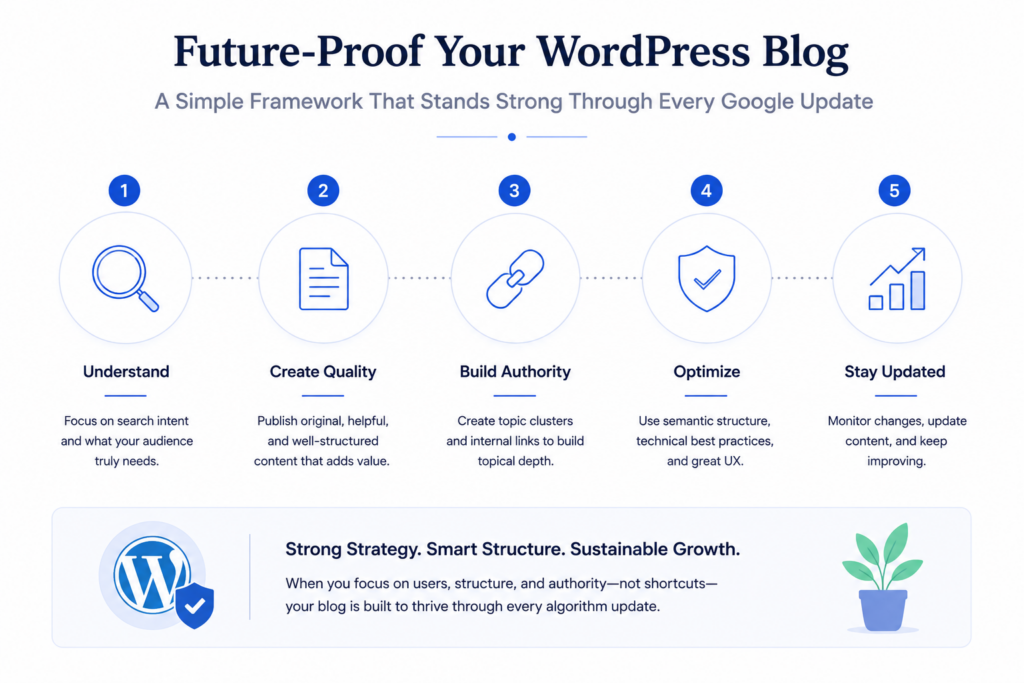 Future-Proof Your WordPress Blog for Google Updates Minimal infographic showing five long-term strategies for building a WordPress blog that remains resilient through Google algorithm updates.