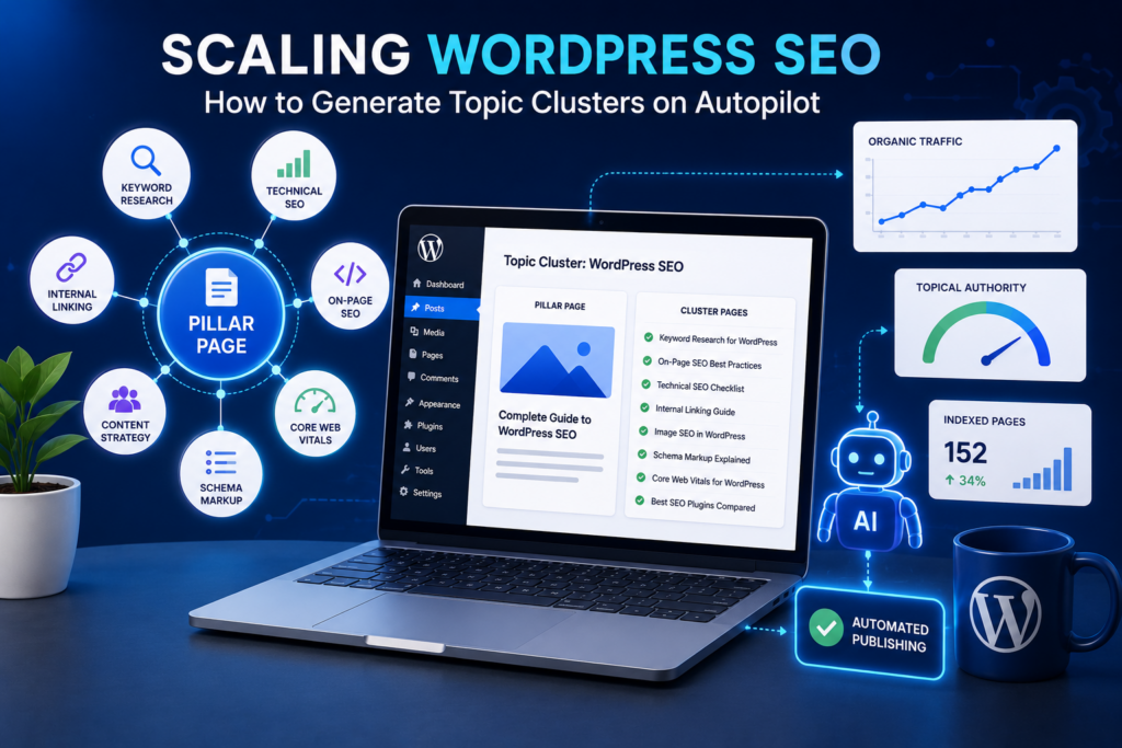 Scale WordPress SEO with AI Topic Clusters Illustration of AI-powered WordPress topic clusters connected to improve SEO and topical authority.