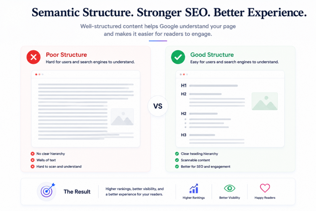 Future-Proof Your WordPress Blog for Google Updates Minimal comparison of poor and well-structured WordPress content demonstrating how semantic headings and organized layouts improve SEO.
