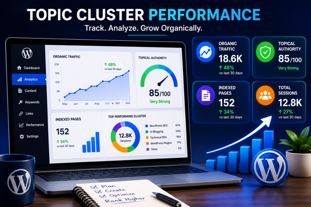 Scale WordPress SEO with AI Topic Clusters Analytics dashboard showing SEO growth, topical authority, indexed pages, and organic traffic for WordPress topic clusters.
