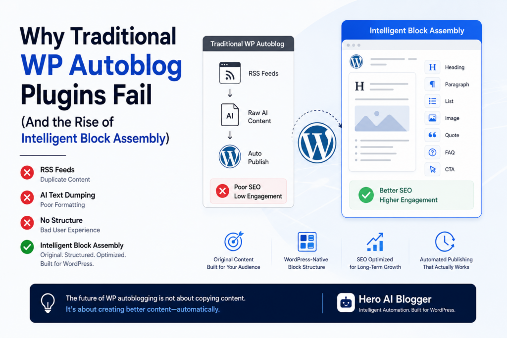 Why Traditional WP Autoblog Plugins Fail in 2026 Minimal illustration showing the evolution from traditional WP autoblog plugins to AI-powered intelligent block assembly for WordPress.