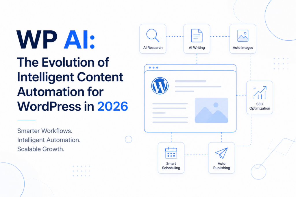 WP AI: Intelligent WordPress Automation in 2026 Minimal illustration representing WP AI automating content creation, SEO, and publishing workflows inside WordPress.